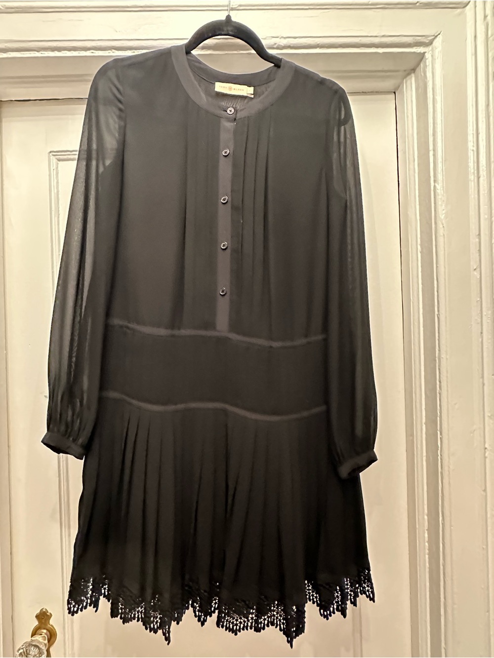 Tory Burch black pleated silk dress with lace hemline size 2